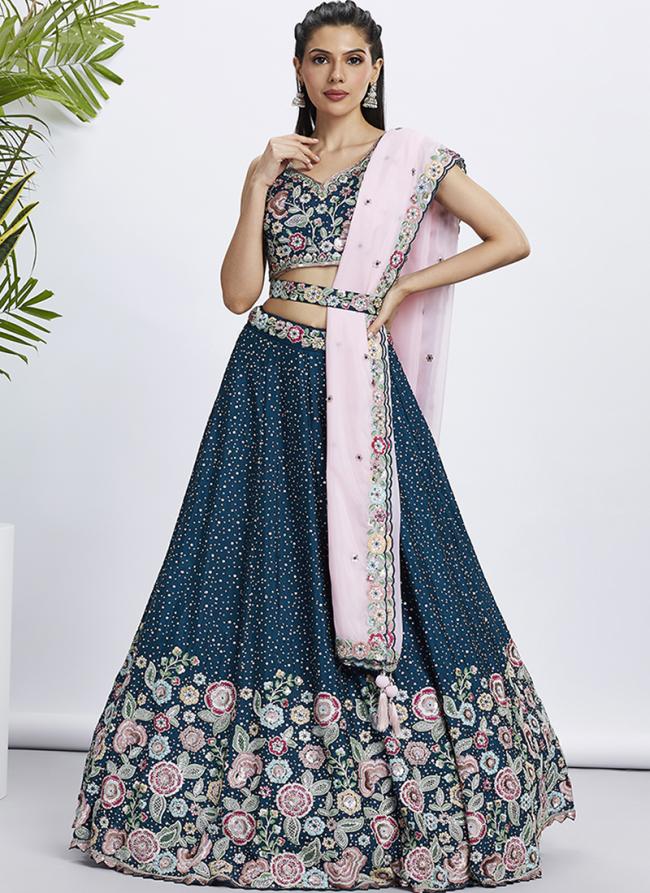 Pure Chiffon Navy Blue Party Wear Sequins Work Lehenga Choli